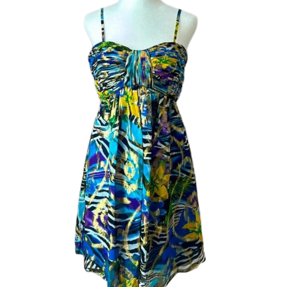 Oleg Cassini Metallic Silk Cocktail Dress Size 4 Floral Jungle Evening Formal